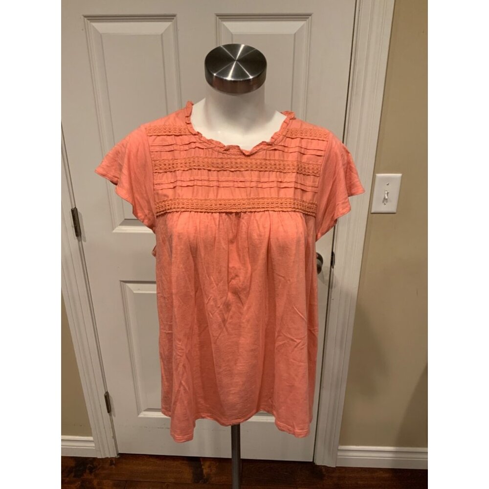 Ella Moss Anthropologie Light Orange Lace Short Sleeve Top, Size L